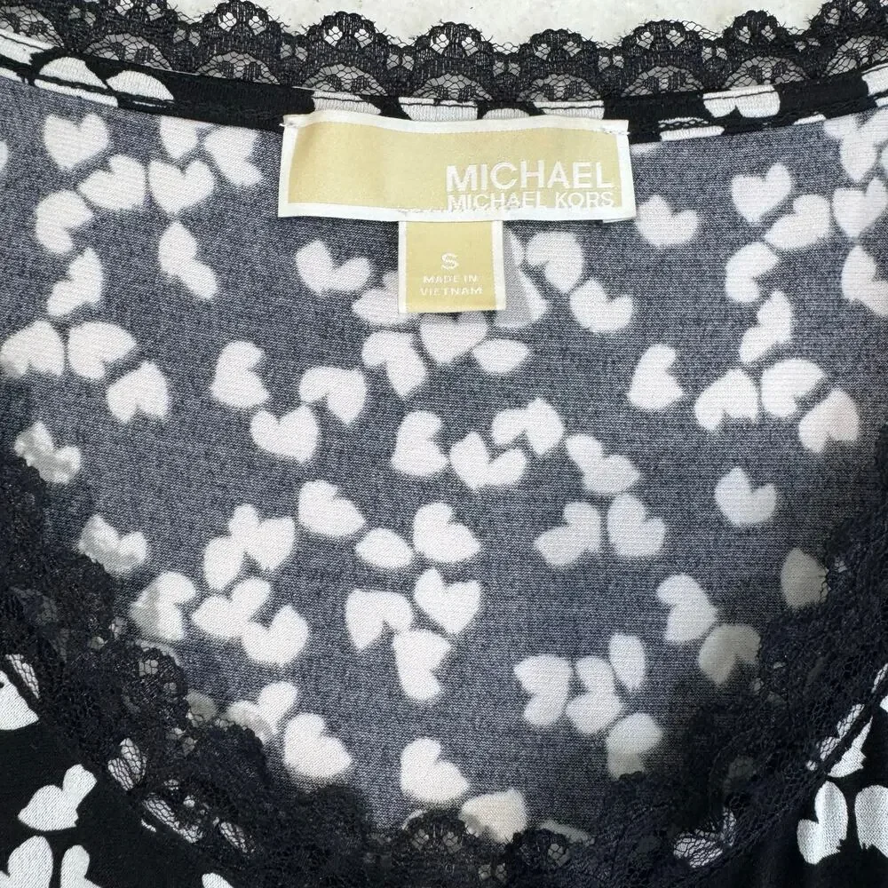 Michael Kors MK Black Lace Trim Sleeveless Dress White Heart Pattern Size Small